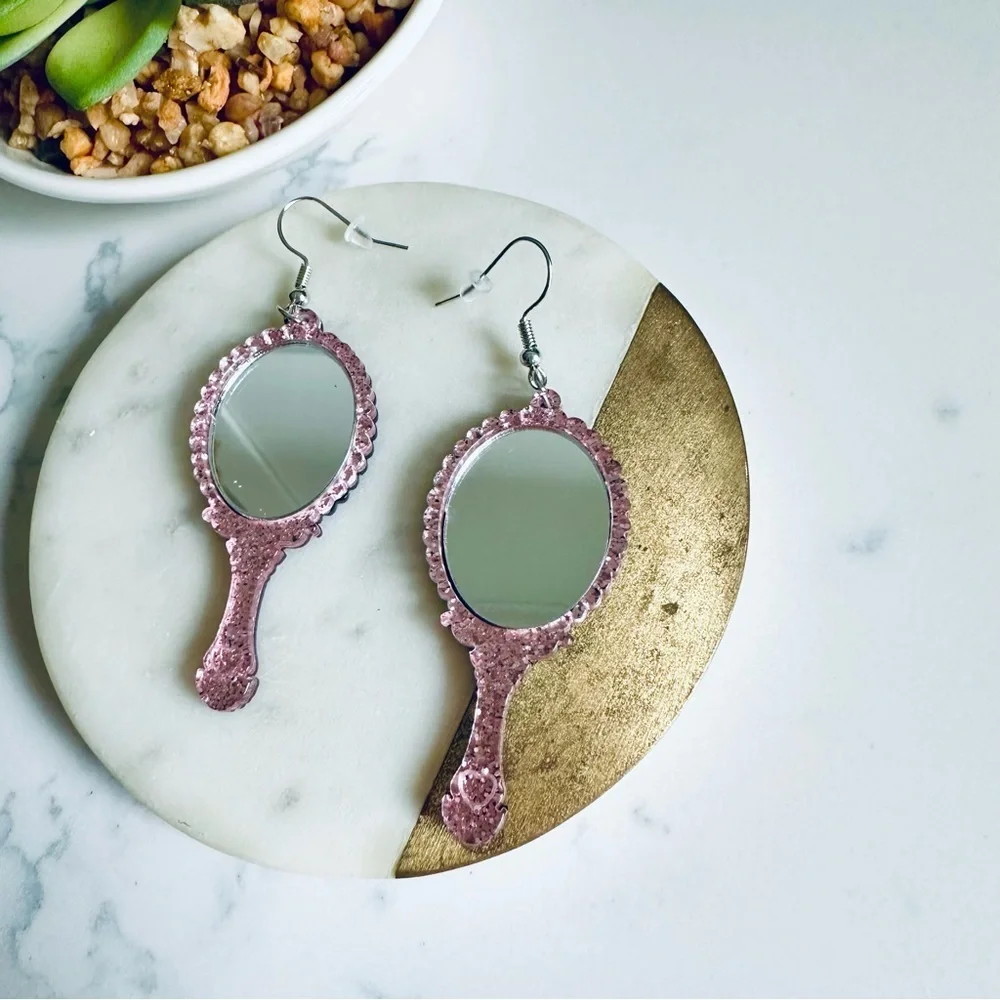 2/$30🌵 Vintage Style Pink Glitter Ornate Handheld Mirror Earrings Acrylic NEW